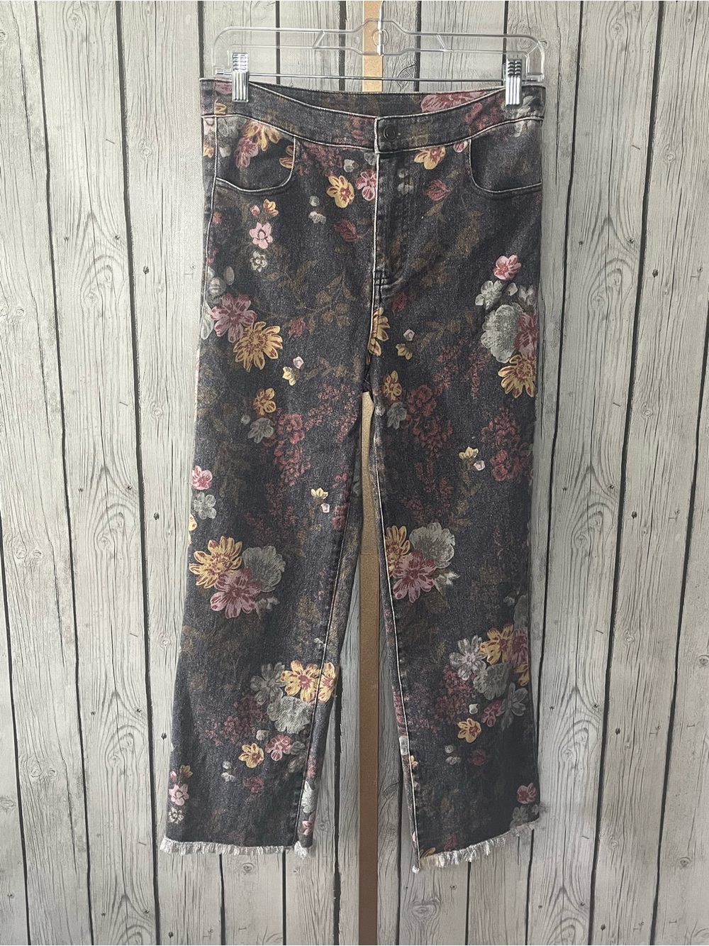 Oli & Hali shabby chic Floral Rose Denim Jeans Pants Charcoal Washed Gray Medium
